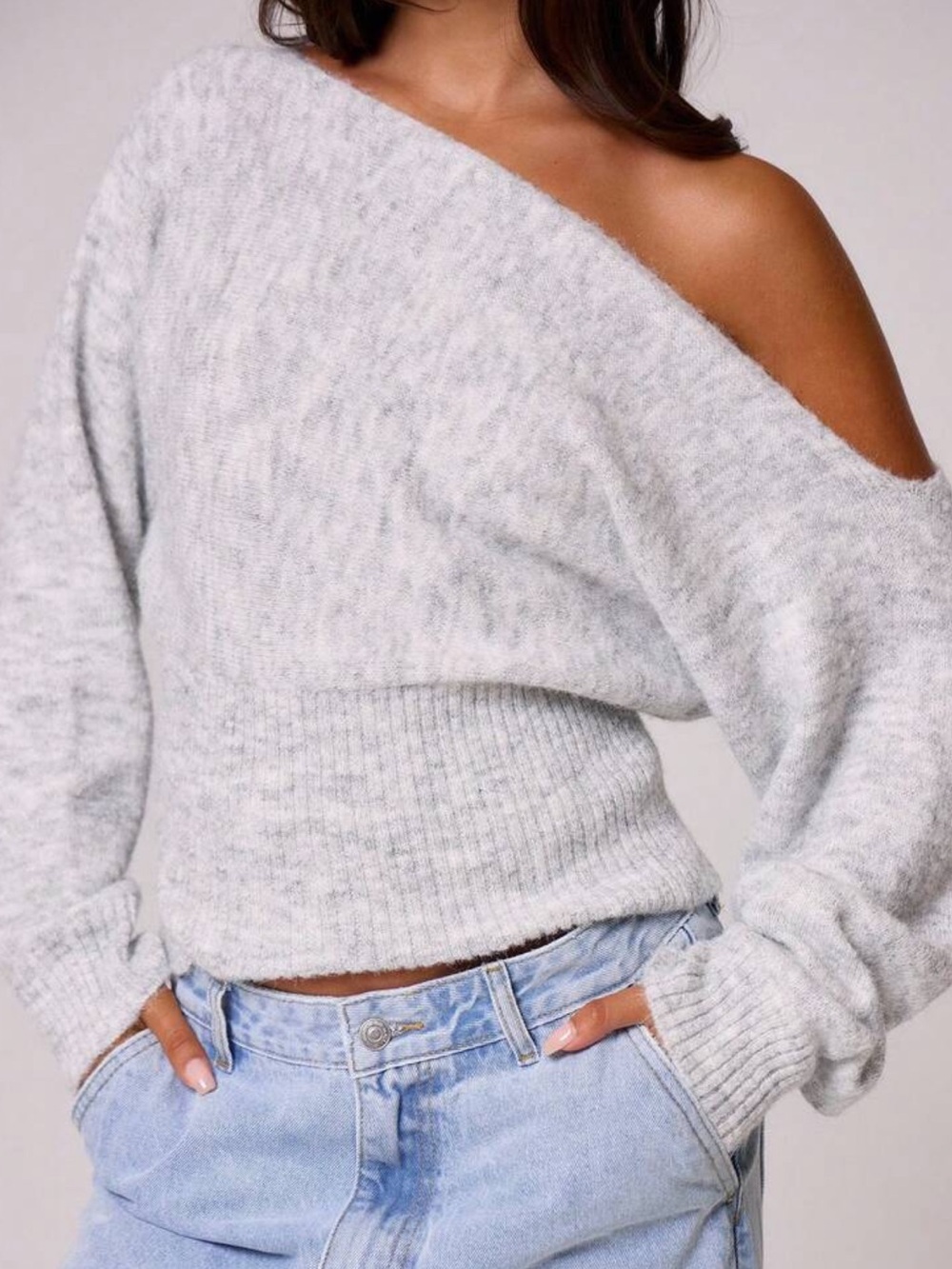 Musera Off-the-Shoulder Oversized Light Gray Knit Sweater - Picture 2 of 8